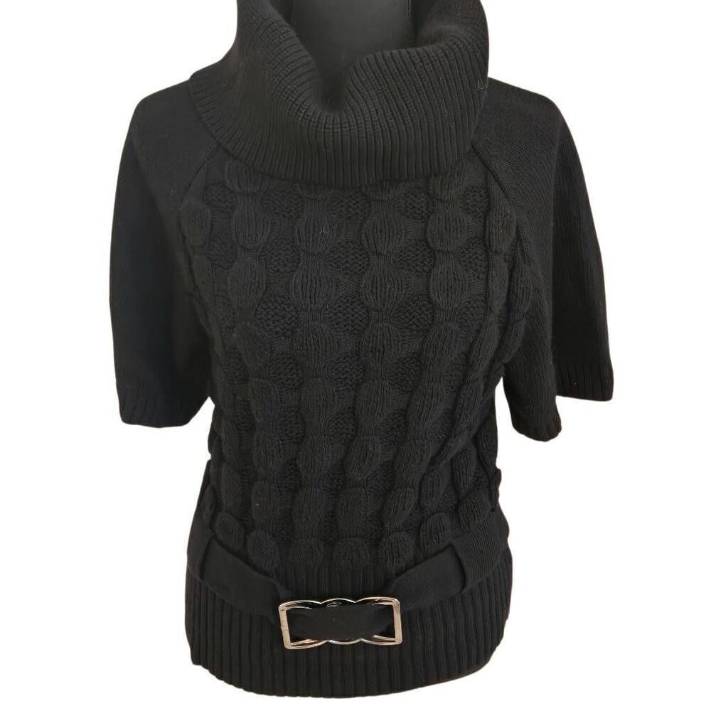 Elena Wang Womens Turtle Neck Bubble Knit Short Sleeve Sweater Black Medium